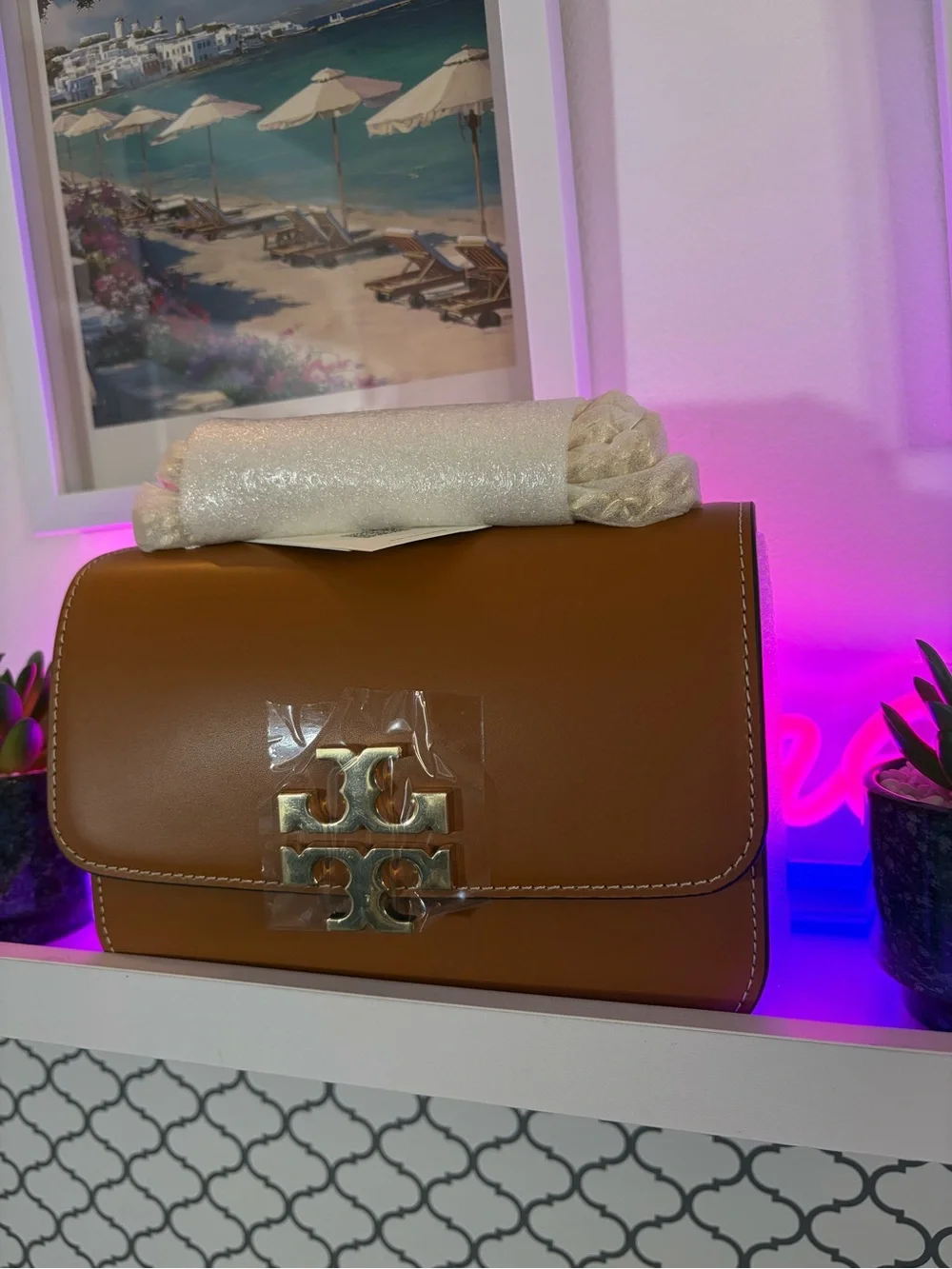 Tory Burch Cognac Leather Crossbody Shoulder Bag with Logo Turnlock
